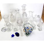 A quantity of glassware to include a Murano glass basket, moulded decanter, cut ashtray etc.