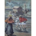 PAUL NEUENBORN (1866-1913); watercolour, 'Children by a Bathing Machine', 45 x 30cm,