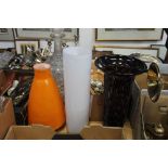 Three large studio glass vases in orange, white and mottled black (3).