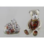 A boxed Royal Crown Derby paperweight 'Meadow Rabbit' with gold stopper and 'Teddy Bear'
