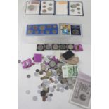 A collection of mixed coinage to include British pre-decimal example and German bank notes.