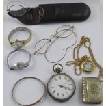 A GALA gun metal pocket watch, two ladies' fashion watches including Oriosa, expanding bracelet,