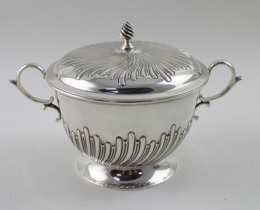A Victorian hallmarked silver twin-handled lidded sucrier with gadrooned detail, Henry Stratford,