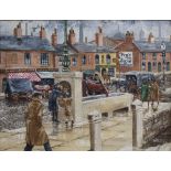 FRED WILDE; oil on board, town street scene with water trough, signed, 29 x 38cm.