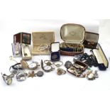 A quantity of costume jewellery to include synthetic pearls, Thomas Russell & Son pocket watch,