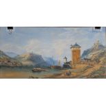 19TH CENTURY ENGLISH SCHOOL; watercolour, a scene of a castle overlooking a bay with fishing boats,
