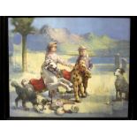 BOHUSLAV BARLOW; oil on canvas, 'Desert Games '97' young boy and girl playing with a rocking horse,
