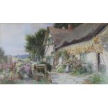 JOHN H TYSON (early 20th century); watercolour, 'A Flower Garden and Thatched Cottage', 34 x 52cm,