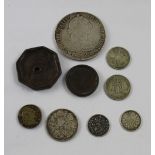 A 1774 Mexico Spanish Colonial 8 reales coin, two copper tokens and six other small coins (9).