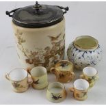 Six Royal Worcester blush ivory miniatures to include lidded trinket pot decorated with birds in