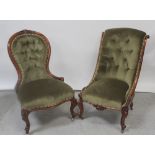 Two Victorian show wood framed nursing chairs, to include a spoon-back example (2).