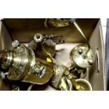 Four items of brassware to include an antique Turkish Ballah Ibrik (coffee pot) of flask form,