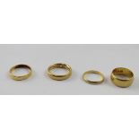 Four 22ct yellow gold band rings, combined approx 21g.