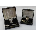 A cased Elizabeth II hallmarked silver egg cup and spoon, T & S, Birmingham 1956, approx 1.5ozt.