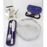Various items of silver plate including a spirit kettle in the Dresser style,
