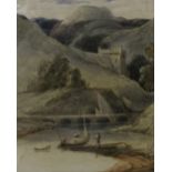 FRANCOIS LOUIS THOMAS FRANCIA (1772-1839); a watercolour, ruined castle overlooking a harbour 1829,