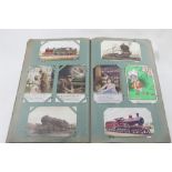 A large postcard album including miscellaneous scenes of trains, planes and comics etc, full.
