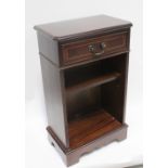 A reproduction mahogany bureau, a reproduction open-fronted cabinet, two woven-topped foot stools,