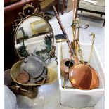 A quantity of brassware to include fireside companion set, coaching horn, copper bed pan,