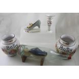 A mixed collection of shoe shop related counter top advertising items to include 'Romika' clog in a