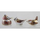 Three Royal Crown Derby paperweights, a Collectors' Guild 'Crested Tit' with gold stopper,
