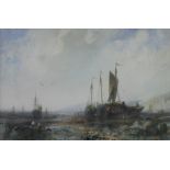 ALBERT POLLITT (1856-1926); watercolour, 'Sailing Ships on the Beach',