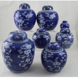 Seven Chinese blue and white ginger jars and covers decorated in the prunus pattern,