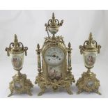 A modern Franz Hermle & Sons Germany brass garniture clock set in the Louis XIV style with painted