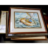 A J HINDLEY (20th century); watercolour, two fisherman in a boat marked 'Alpha Bristol',