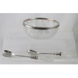 A cut glass salad bowl with hallmarked silver rim, W I Broadway & Co,