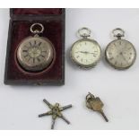 Three small silver pocket watches to include two open face and a half hunter watch with gilt dial
