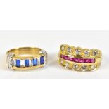 Two 9ct yellow gold dress rings, the first with alternating blue and white coloured stones, the