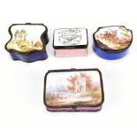 Four 19th century enamel patch/snuff boxes, to include a Bilston example entitled 'A Token of