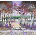 EMMA DAVIS; mixed media on board, 'Trees at Dusk', signed lower right, label verso, 45 x 45cm,