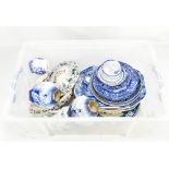 A group of blue and white transfer decorated ceramics including a pair of Royal Doulton vases (one