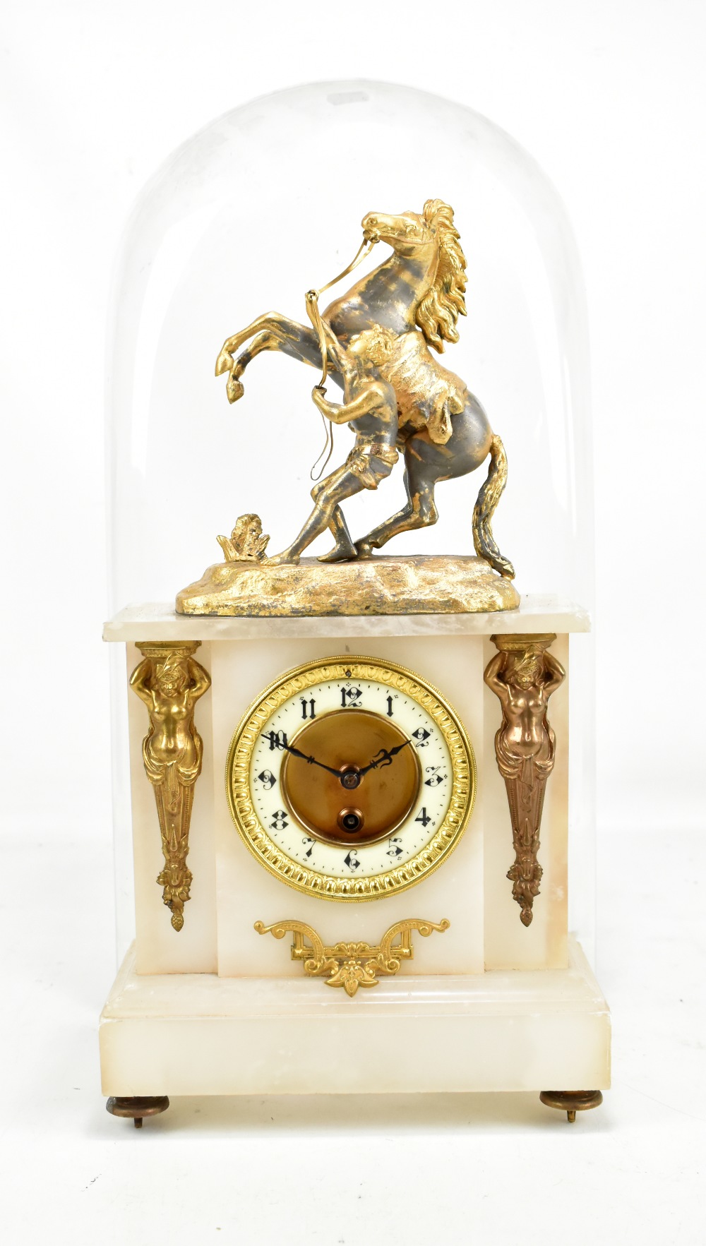 A late 19th/early 20th century French alabaster mantel clock, featuring gilt metal rearing house