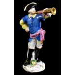 MEISSEN; a mid-18th century figure of a bugler modelled by Richter, oval indistinct printed mark
