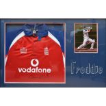 ANDREW 'FREDDIE' FLINTOFF; a signed England one day shirt presented with photograph of the cricketer