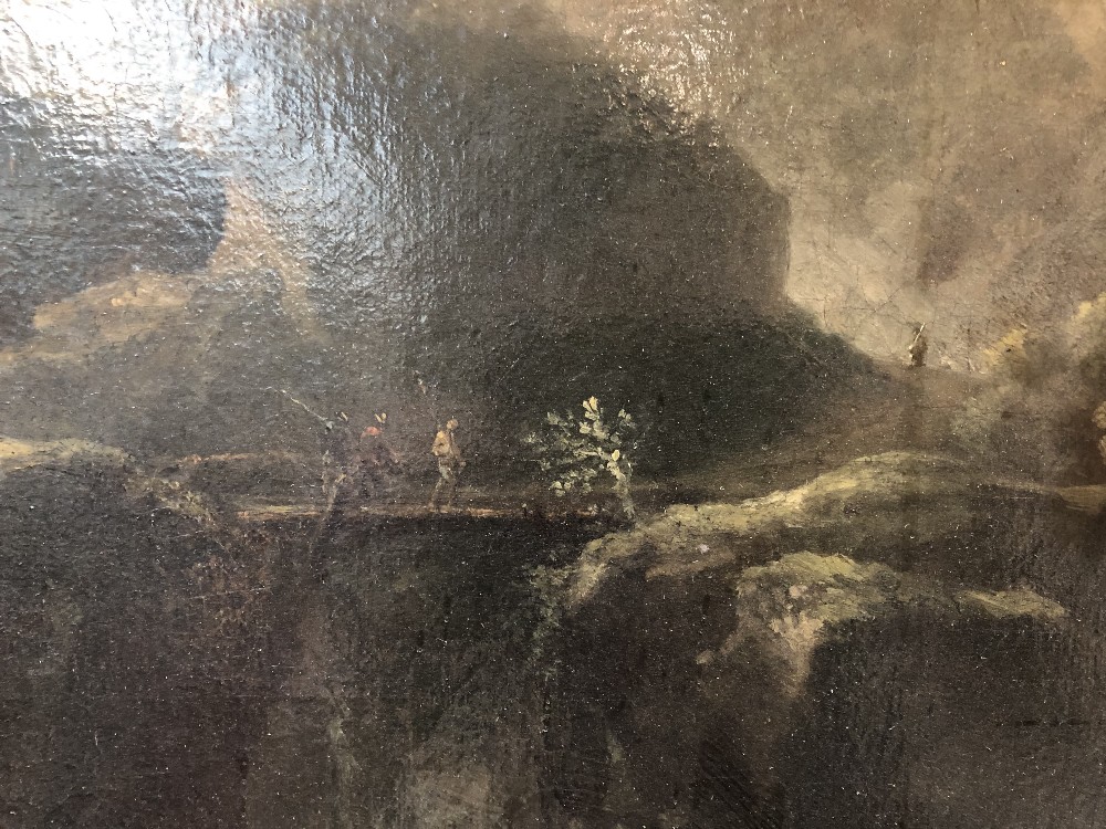 STYLE OF GASPAR DUGHET (18TH CENTURY); oil on canvas, romantic landscape with boats on a lake beside - Image 5 of 6