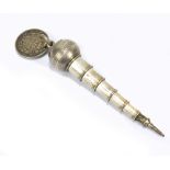 MORDAN & CO; a 19th century silver plated extending pencil, length 7.5cm, with applied sixpence to