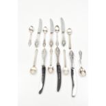 GEORG JENSEN; a set of six silver sheath handled stainless steel bladed tea knives, a set of three