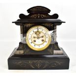 A Victorian marble and slate mantel clock, the circular white enamel dial set with Roman numerals