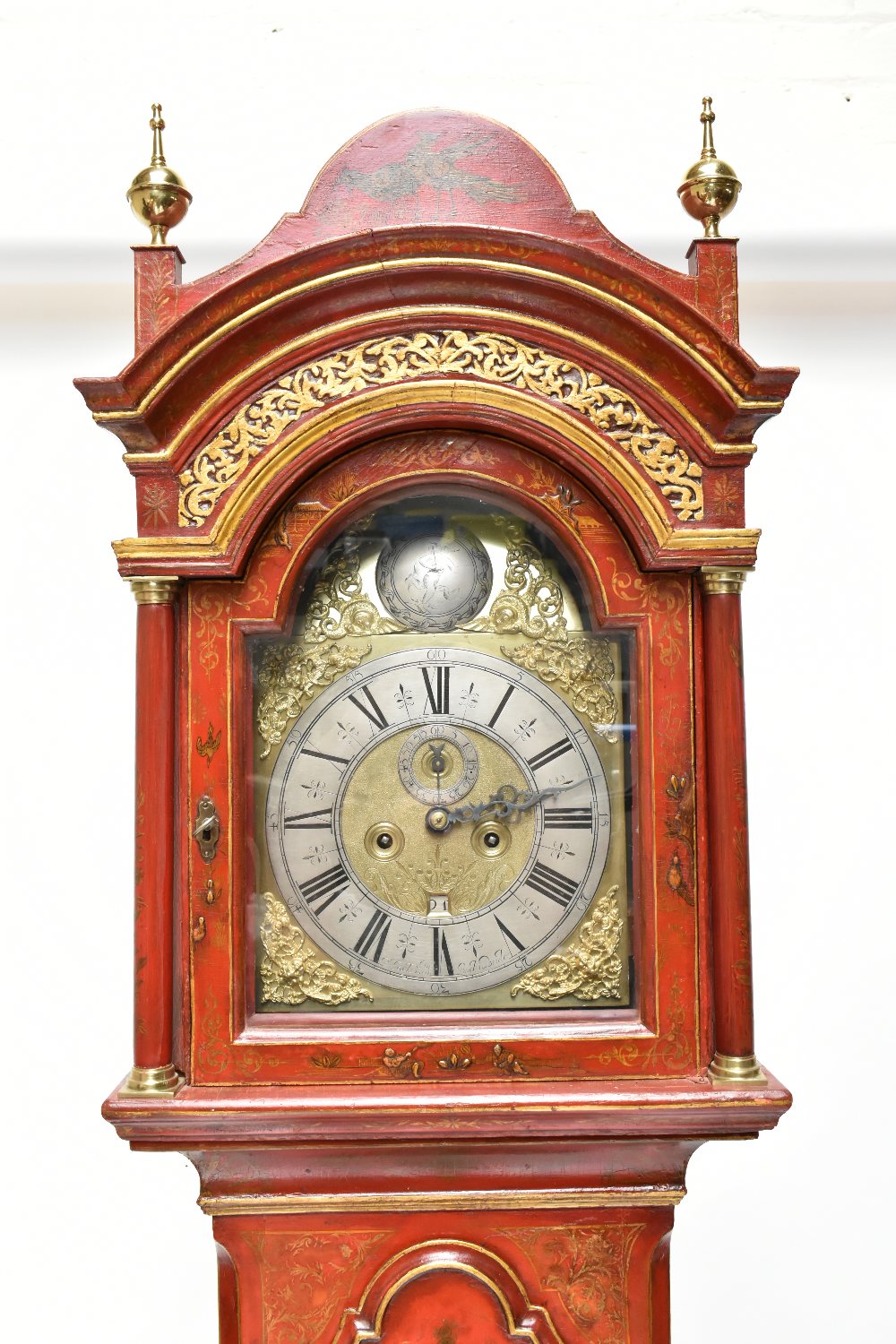 JOSEPH JACKMAN JNR OF LONDON BRIDGE; an English red japanned longcase clock, the brass dial signed - Image 4 of 17