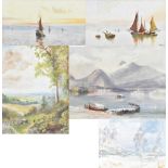 Five late 19th/early 20th century watercolours including winter, coastal, maritime and rural scenes,
