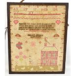 An early Victorian sampler featuring religious verse above single figure standing beside a house