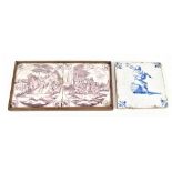 An 18th century blue and white Delft tile depicting a gentleman seated on a barrel playing bagpipes,