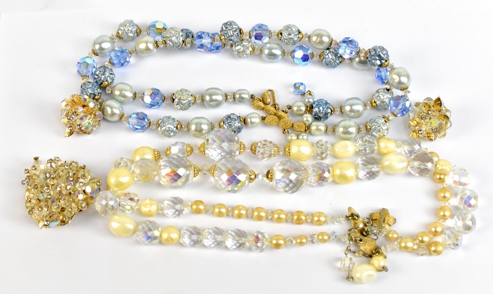 VENDOME; a cream faux pearl and crystal necklace, length approx 44cm, a light blue faux pearl and