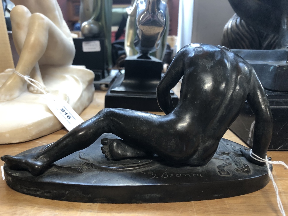 WITHDRAWN G BRANCA; a 19th century bronze figure of a nude seated soldier, signed to rim, length - Image 5 of 8