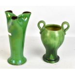 WATCOMBE; a green glazed three sectioned vase, impressed marks to base, height 27.5cm, and a further