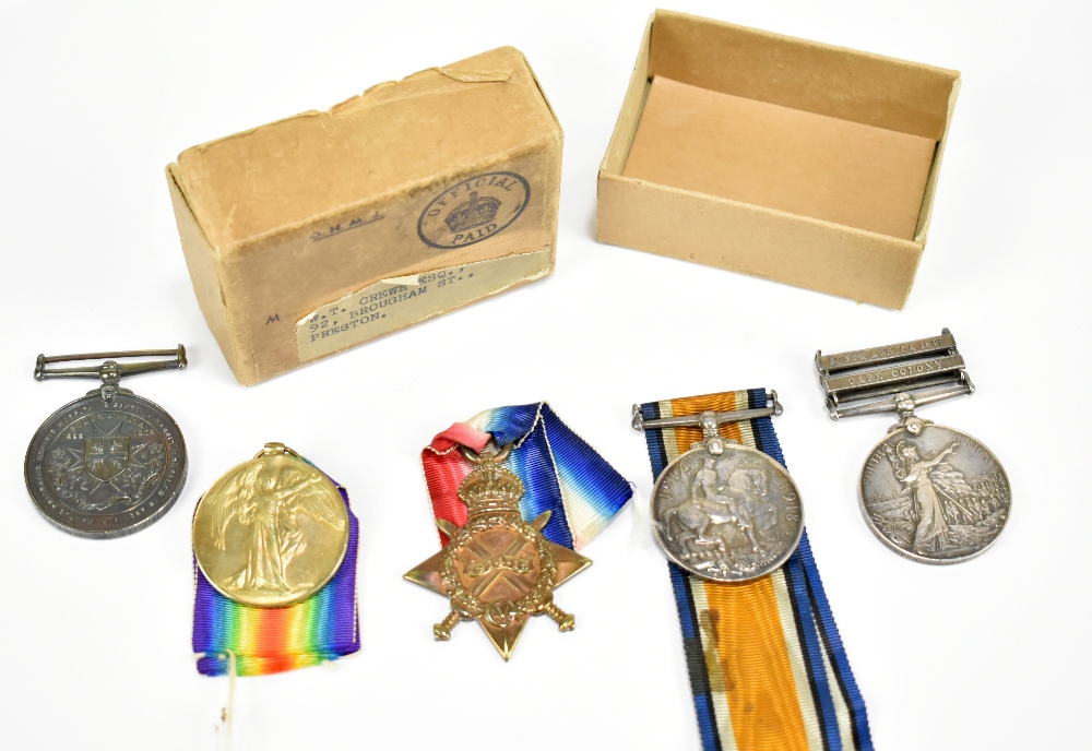 A Boer War and WWI medal group of five awarded to Private R. Crewe comprising Queen's South Africa